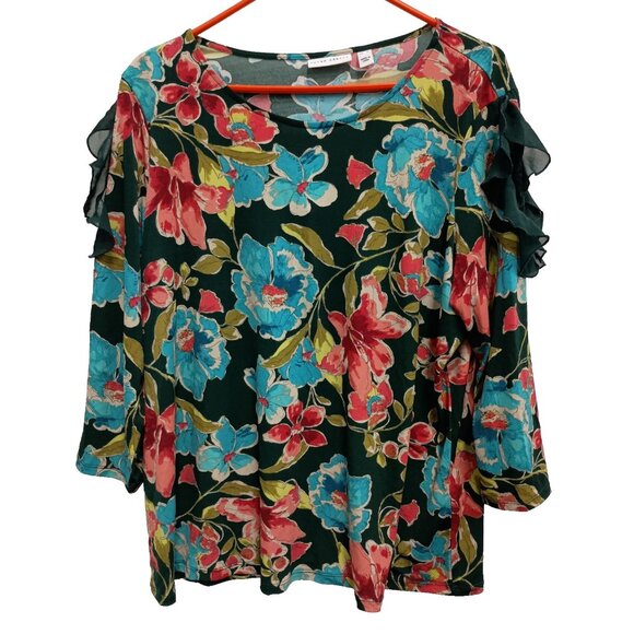 Susan Graver Tops - Susan‎ Graver Top Womens Size XL Floral Liquid Knit Ruffle BOHO Garden Fairy